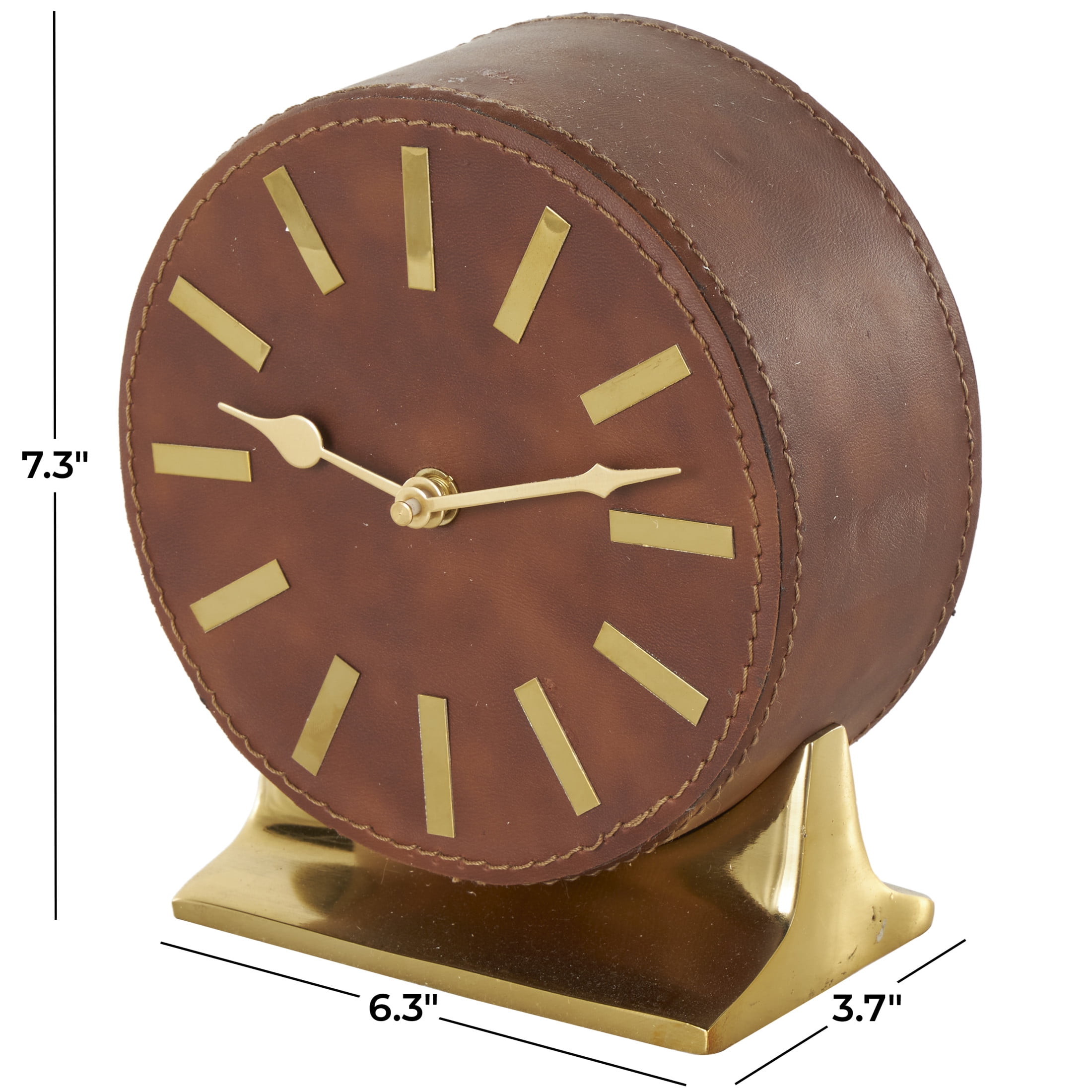 DecMode 7" Brown Faux Leather Round Clock with Gold Rectangular Base
