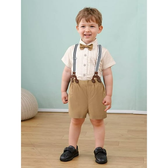 Toddler Boys Formal Outfits 12 Months-5T Suits Baby Clothes Set Shorts Sleeve Shirt Suspender Pants