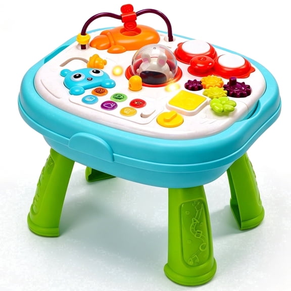2-in-1 Toddler Activity Table with Building Blocks, Baby Sensory Activity Table with Lights & Sounds