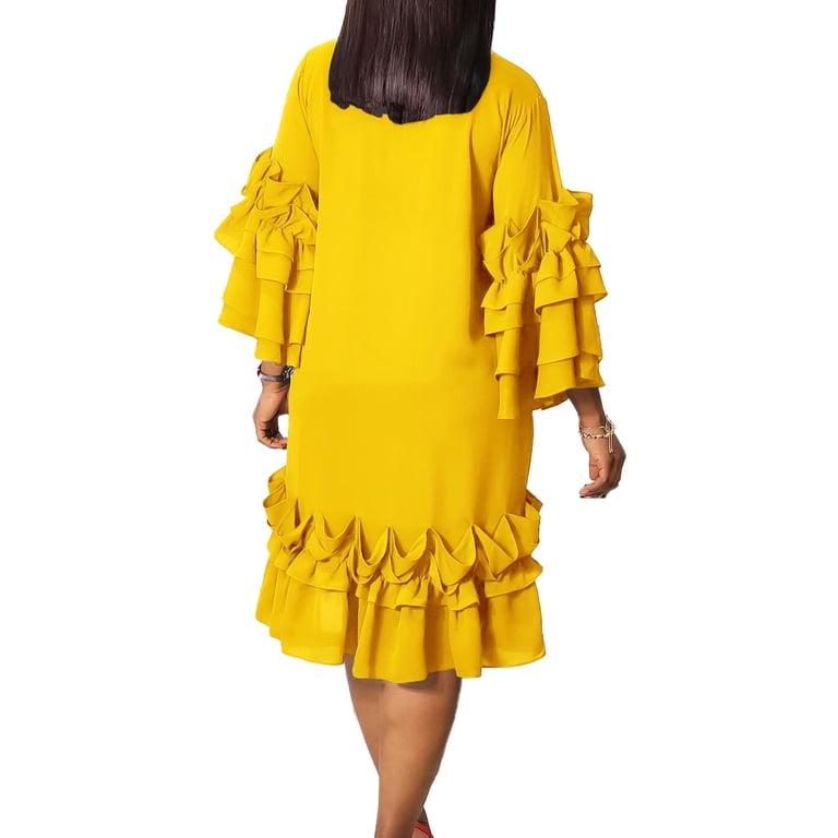 Easter Dresses Elegant Solid Patchwork Flounce with Bow O Neck Straight Dresses(Yellow/XL) Easter Dresses Elegant Solid Patchwork Flounce with Bow O Neck Straight Dresses(Yellow/XL)