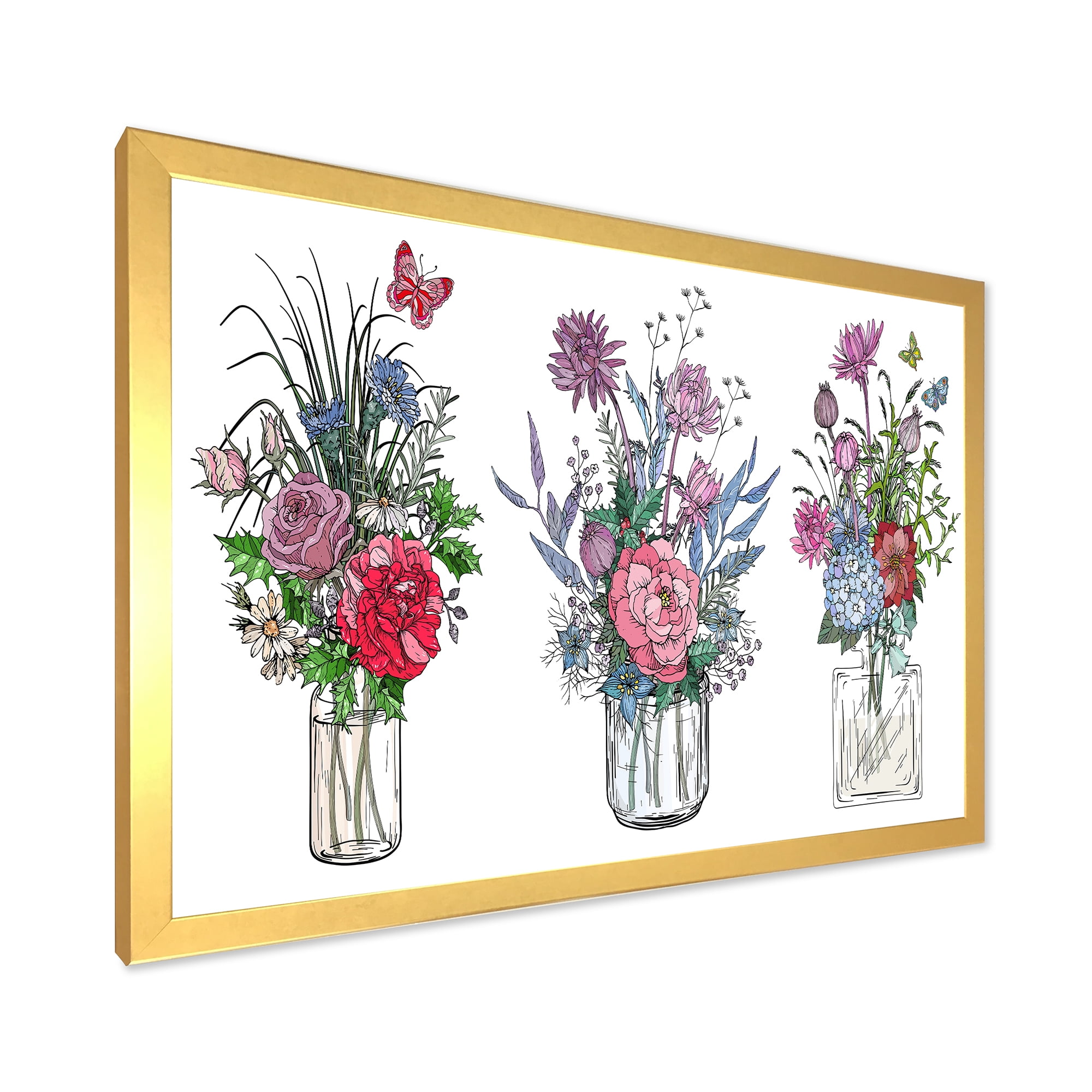 Designart 'Transparent Vases With Bouquets of Wildflowers I' Farmhouse Framed Art Print