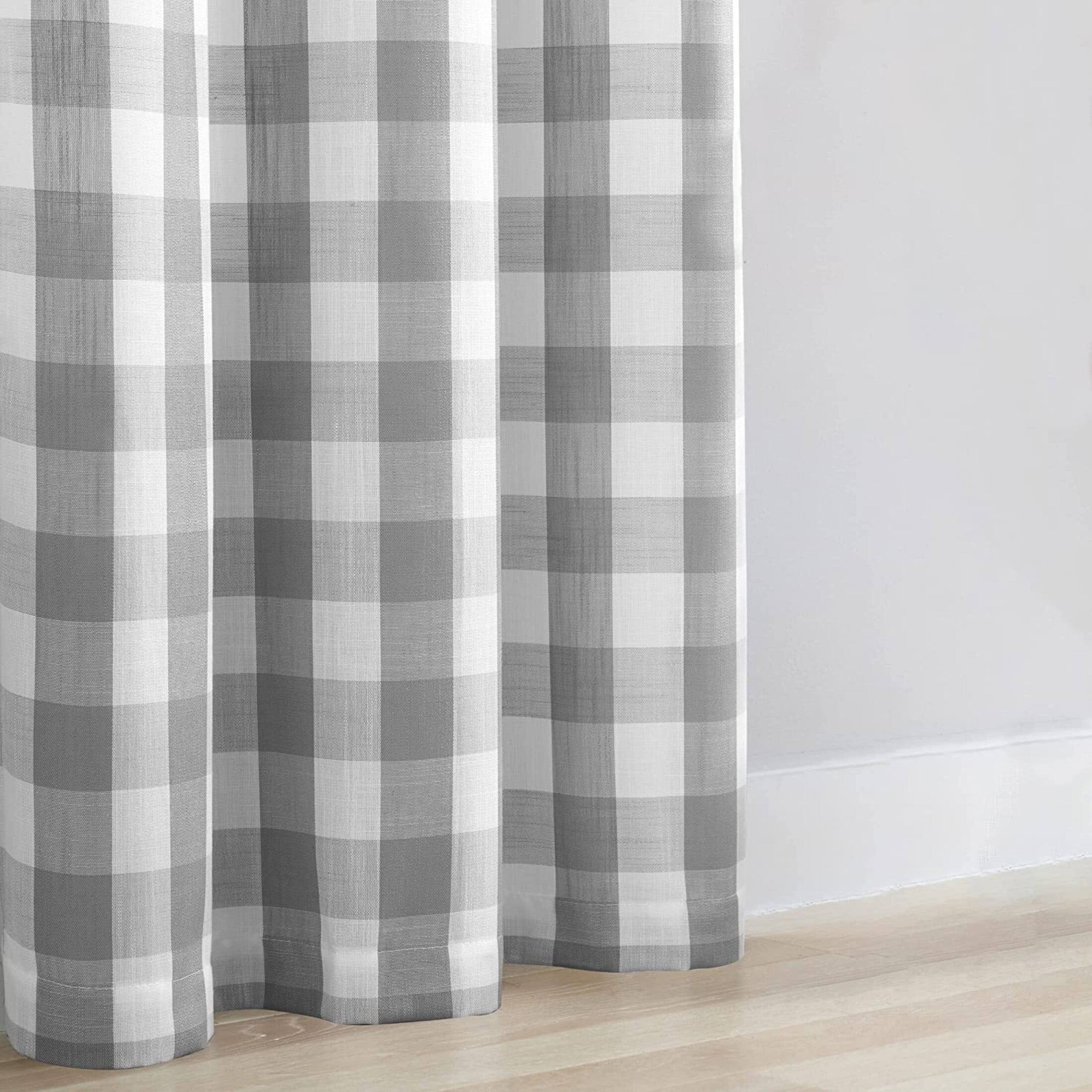 Flowpartex Grey and White Plaid Textured Christmas Semi Sheer Curtains Buffalo Check Drapery Farmhouse Grommet Top Window Drapes for Living Room Bedroom, 40"Wx95"L 2 Panels