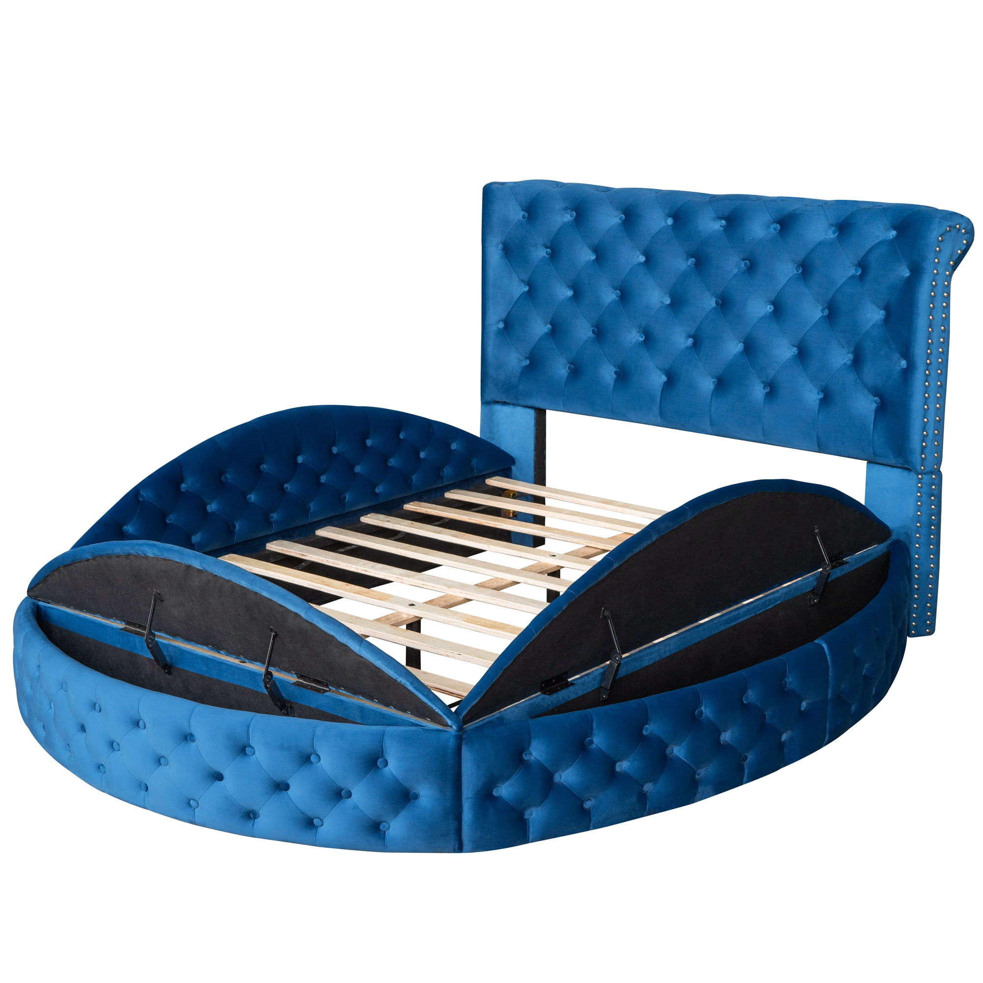 Full Size Round Shape Upholstery Low Profile Storage Platform Bed with Storage Space on Both Sides, Blue