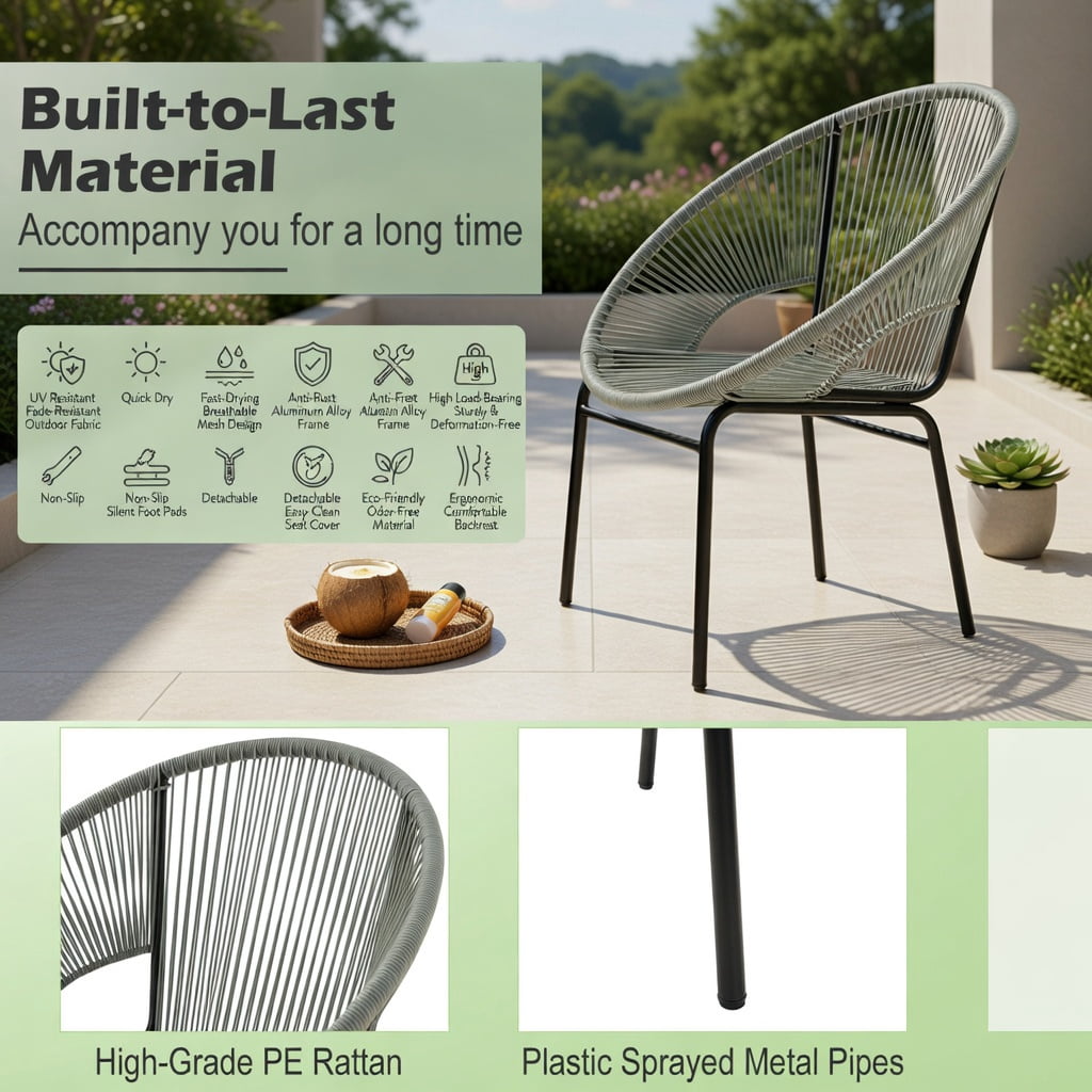Hommoo 3-Piece Outdoor Acapulco Bistro Set, PE Rope Chairs + Tempered Glass Table for Patio, Yard & Poolside, Gray