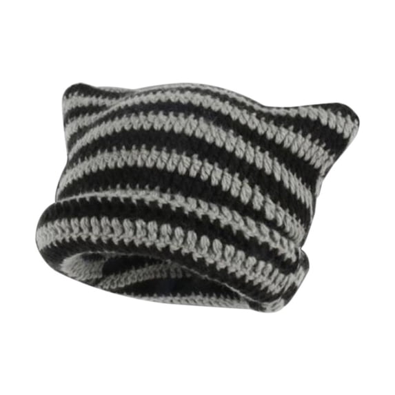 Unisex Pointed Pullover Cute Cat Ears Women's Hats Ins Little Devil Knitted Wool Cap Striped Japanese Beanie Hat BLACK