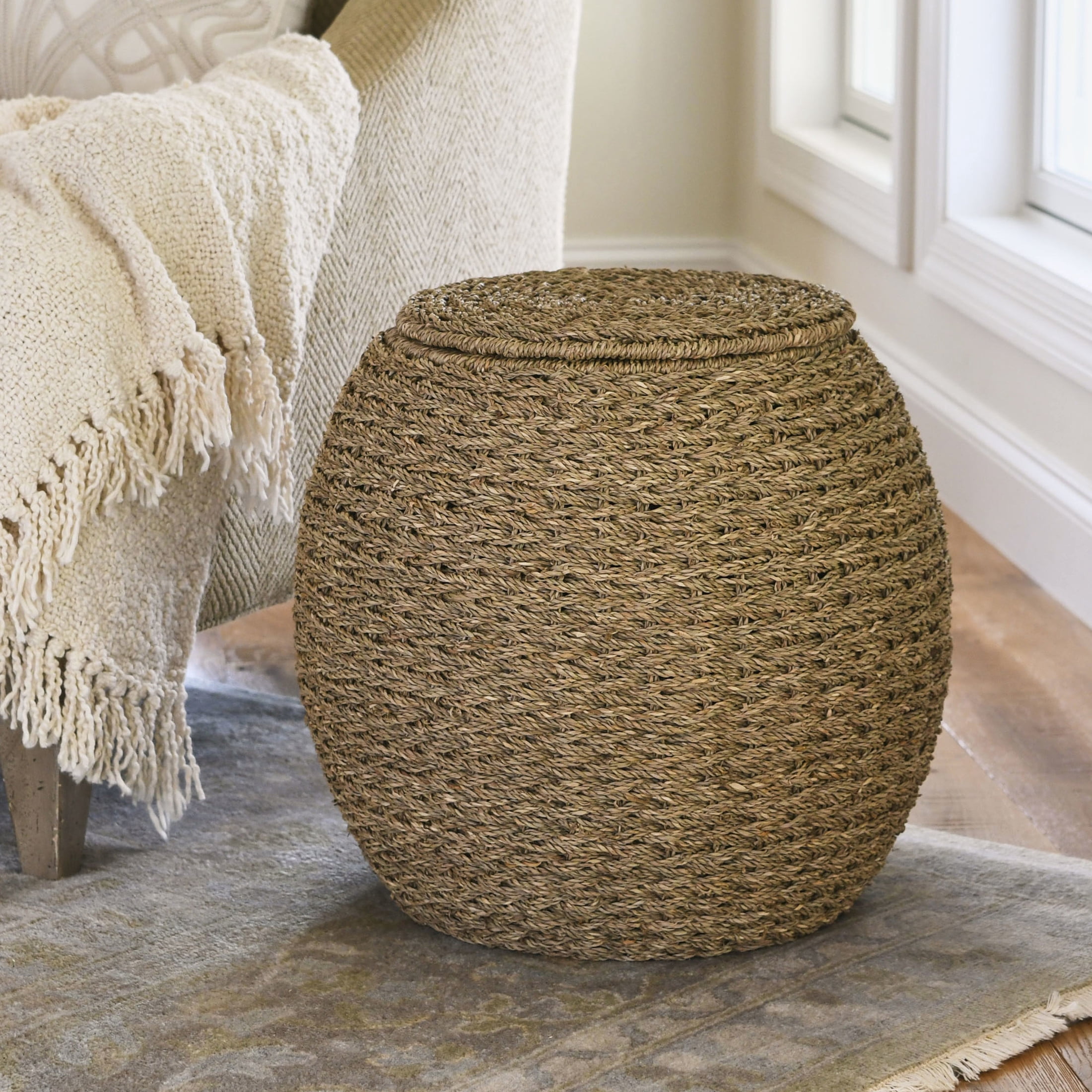 Household Essentials Handwoven Seagrass Barrel Wicker Storage Basket Side Table, Natural