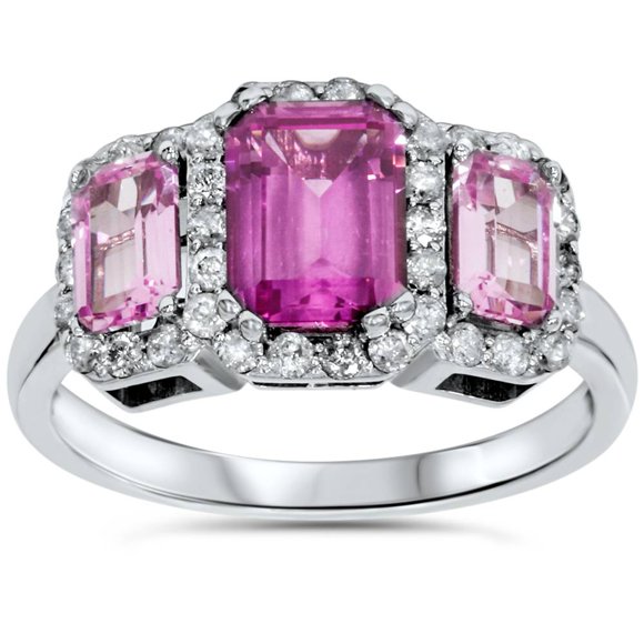 2 3/8ct Pink Quartz & Diamond Halo Emerald 3 Stone Ring 14K White Gold