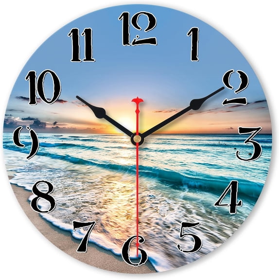 Kitchen Wall Clock - Home Decorative Wall Clock,14 Inch Silent Non-Ticking Quartz Battery Operated Clock, Easy to Read Round Arabic Numerals Ocean Wave Pattern Wooden Wall Clocks