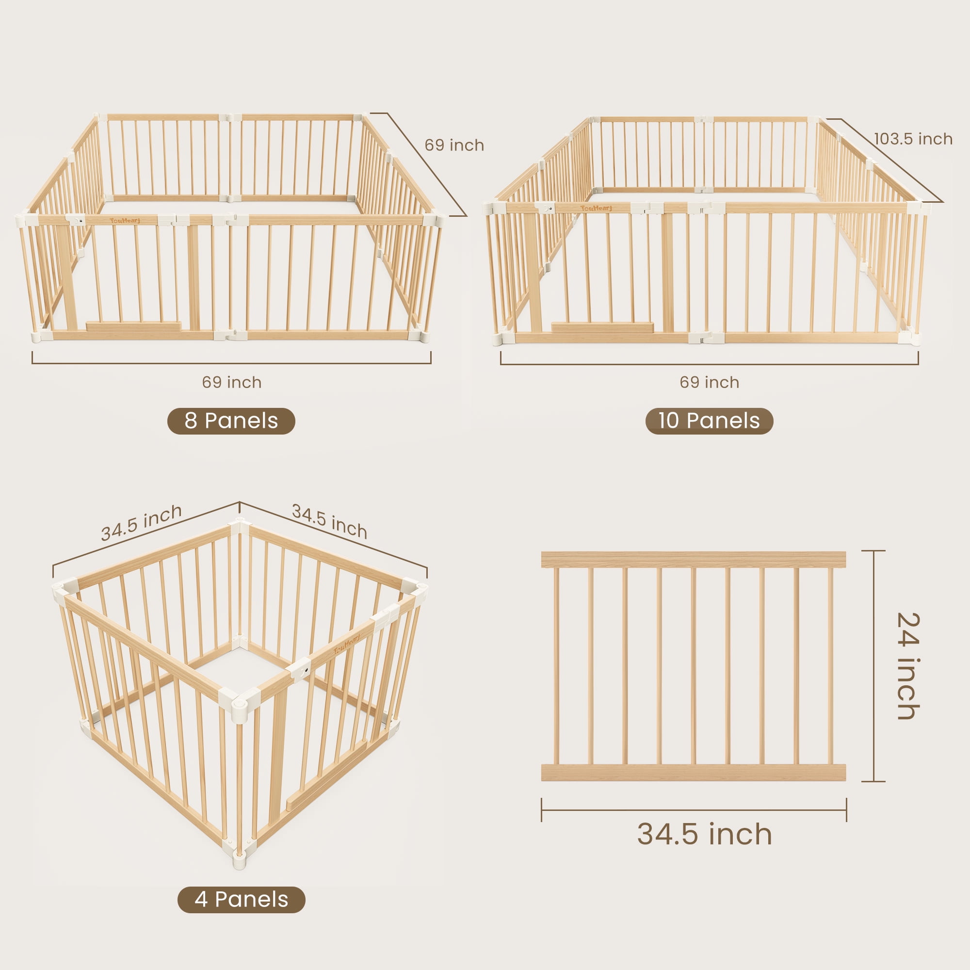 TouHeart Wooden Playpen for Baby & Toddlers, Foldable Large Baby Safe Play Fence Yards With Gate, 8 Panels, 69"x69"x24"