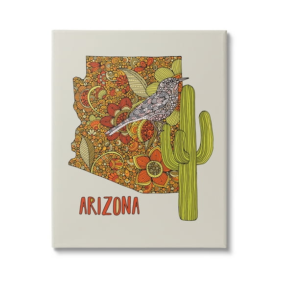 Stupell Industries Arizona State Bird Detailed Cactus Floral Pattern Graphic Art Gallery Wrapped Canvas Print Wall Art, Design by Valentina Harper