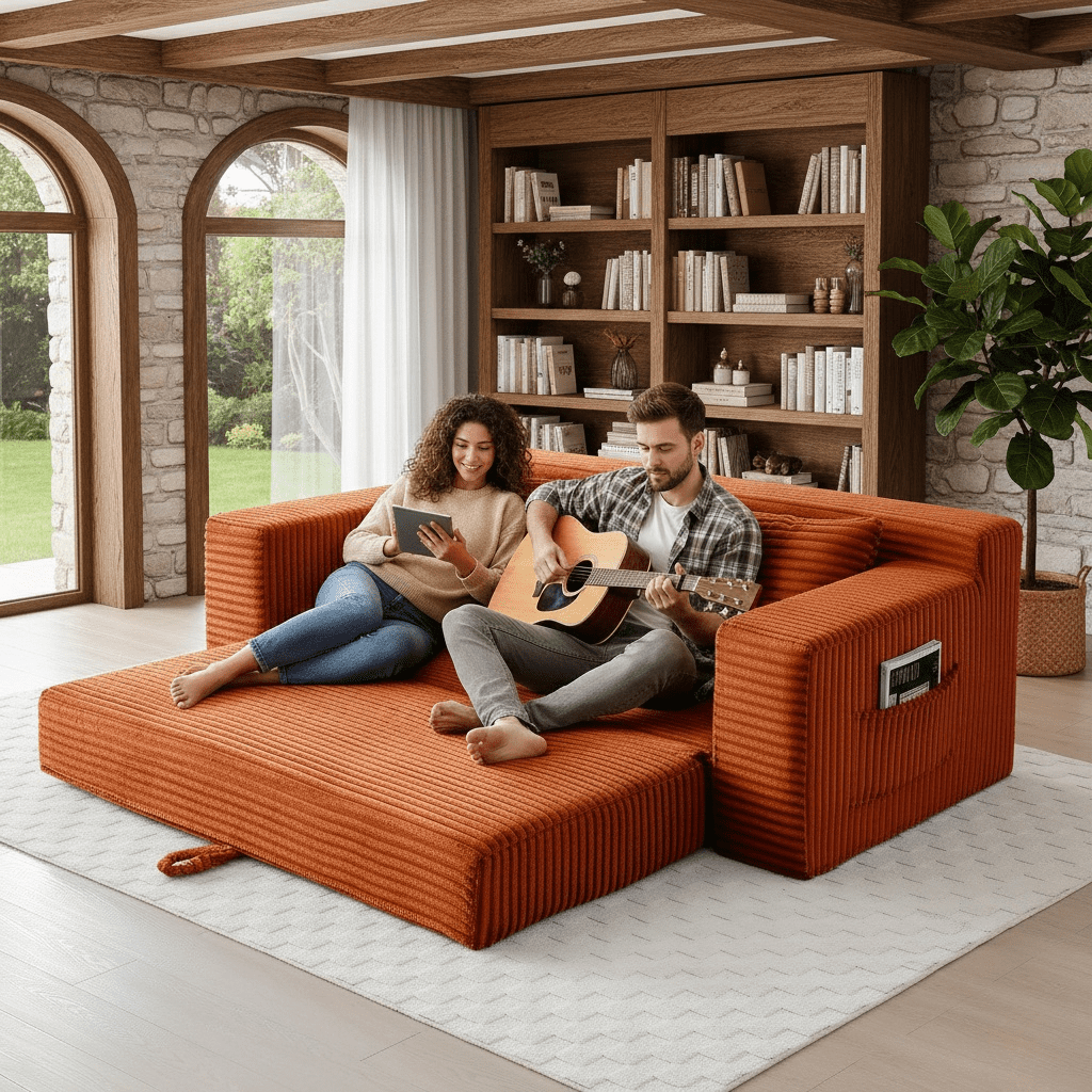 Howcool 73" Convertible Sofa Bed, Foldable Floor Couch, Boneless Foam Sleeper Sofa with Pull-Out Design, Corduroy Lazy Couch, No Assembly, Space Saving for Apartment Dorm Living Room, Orange