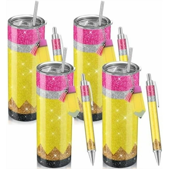 12 Pcs Valentines Teacher Gift Bulk 4 Sets Teacher Appreciation Gifts for Women, 20 oz Glitter Pencil Stainless Steel Tumbler Keychain Ballpoint Set for Thank You Educator Presents
