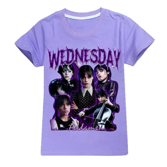 Wednesday Addams Print Kids Girls T-shirts Summer Casual Crew Neck Tee Short Sleeve Loose Tops