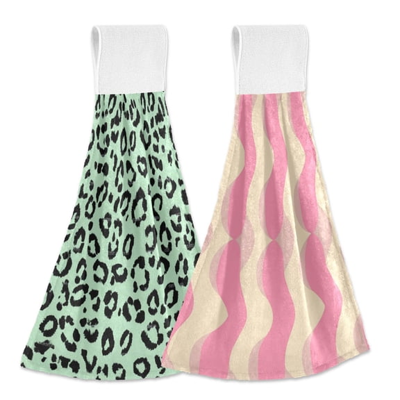 IAUYY Kitchen Hanging Towels Set of 2 100% Polyester Absorbent, Super Soft Hand Towels with Hanging Loops for Bathroom Kitchen Dark Green Leopard Print Pattern Cream Shape
