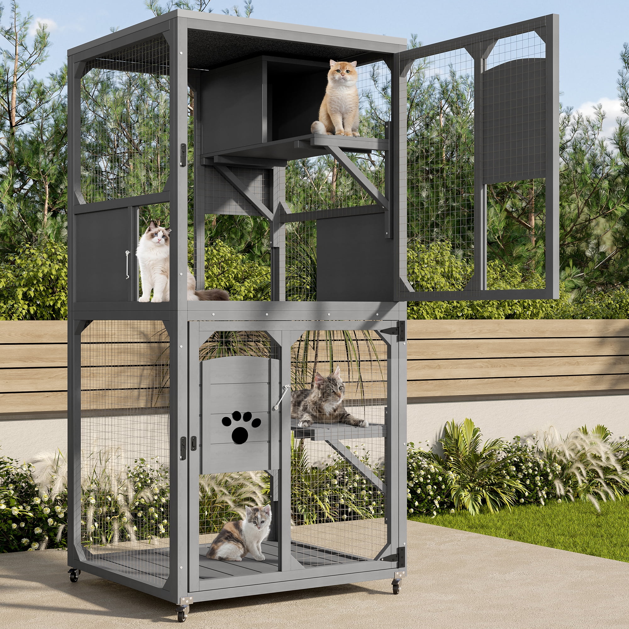imerelez Catio Outdoor Cat Enclosure Window Access, 4 Tiers Cat House with Wheels, Resting Box & Waterproof Roof, Indoor Large Cat House Cage, Gray