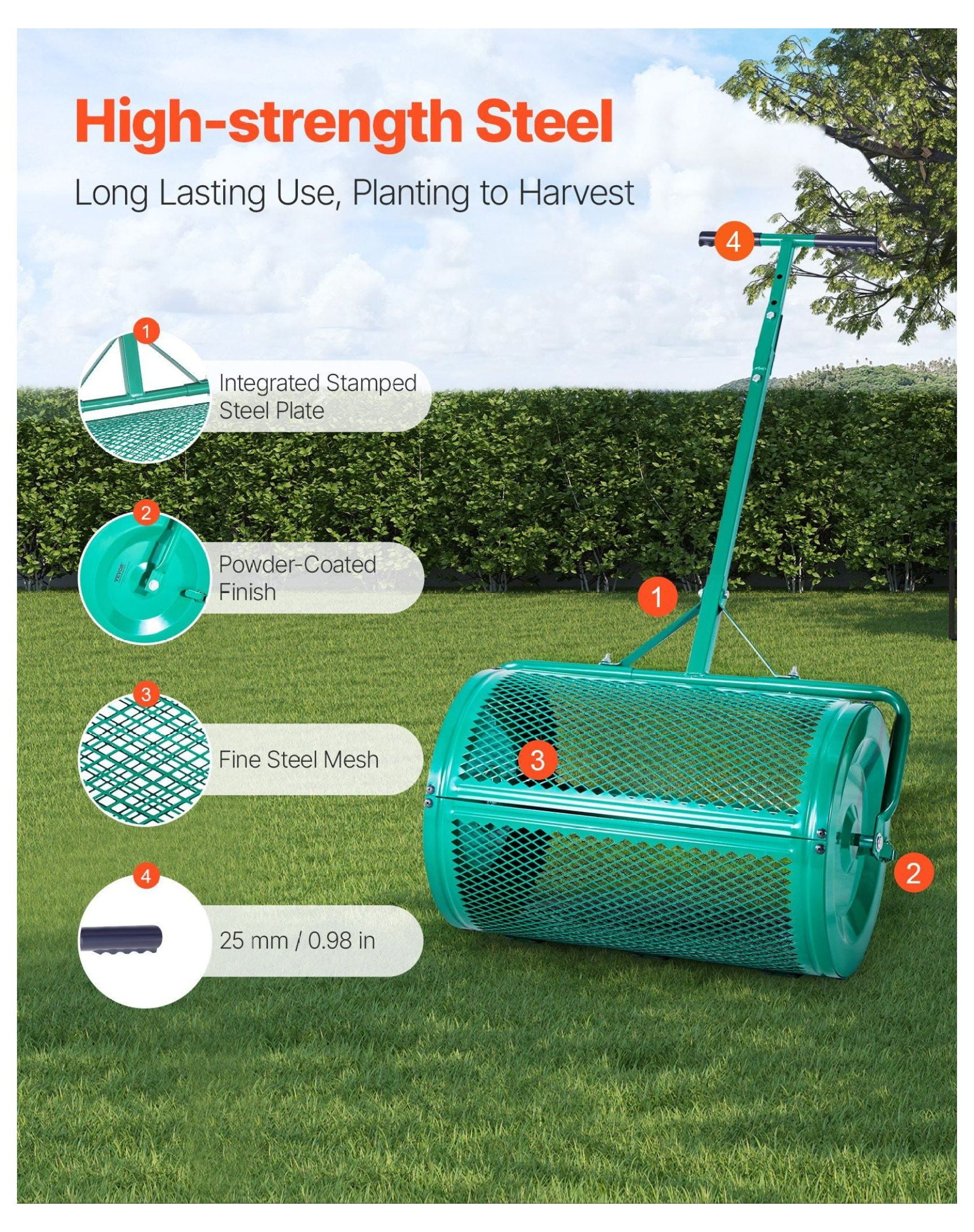 Compost Spreader 24 inch, Peat Moss Spreader with Tow Handle, Adjustable Height, Heavy Duty Steel Garden Seed Spreader for Lawn, Farm, and Garden