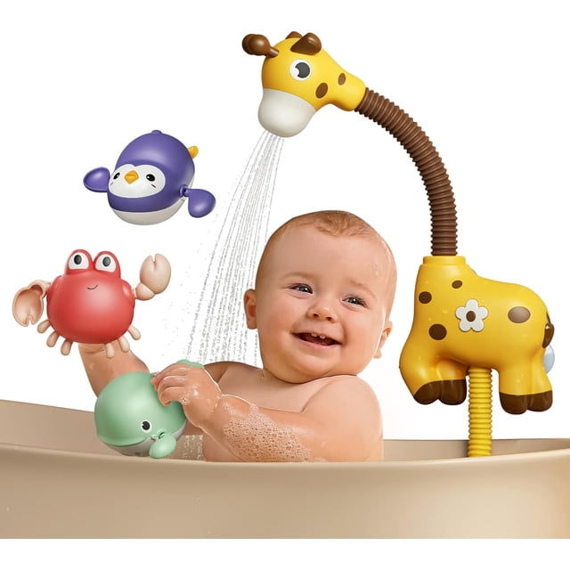 Juguete de baño para bebé, cabezal de ducha, jirafa y 3 animales, juguetes flotantes, bomba de agua para bañera, niños de 1, 2, 3 y 4 años
