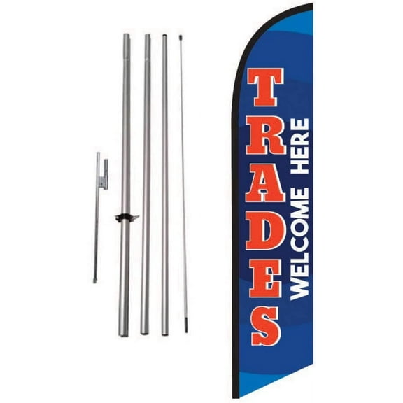 Trades Welcome Here Auto Dealership Advertising Feather Banner Swooper Flag Sign with Flag Pole Kit and Ground Stake