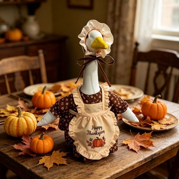 RUINIXCW Fall Thanksgiving Porch Goose Outfit for 23 inch Cement Plastic Garden Holiday Porch Goose Statue Goose Clothes Pumpkin Print Floral Fake Two-piece Dress Hat Set for Yard Decor (No Goose)
