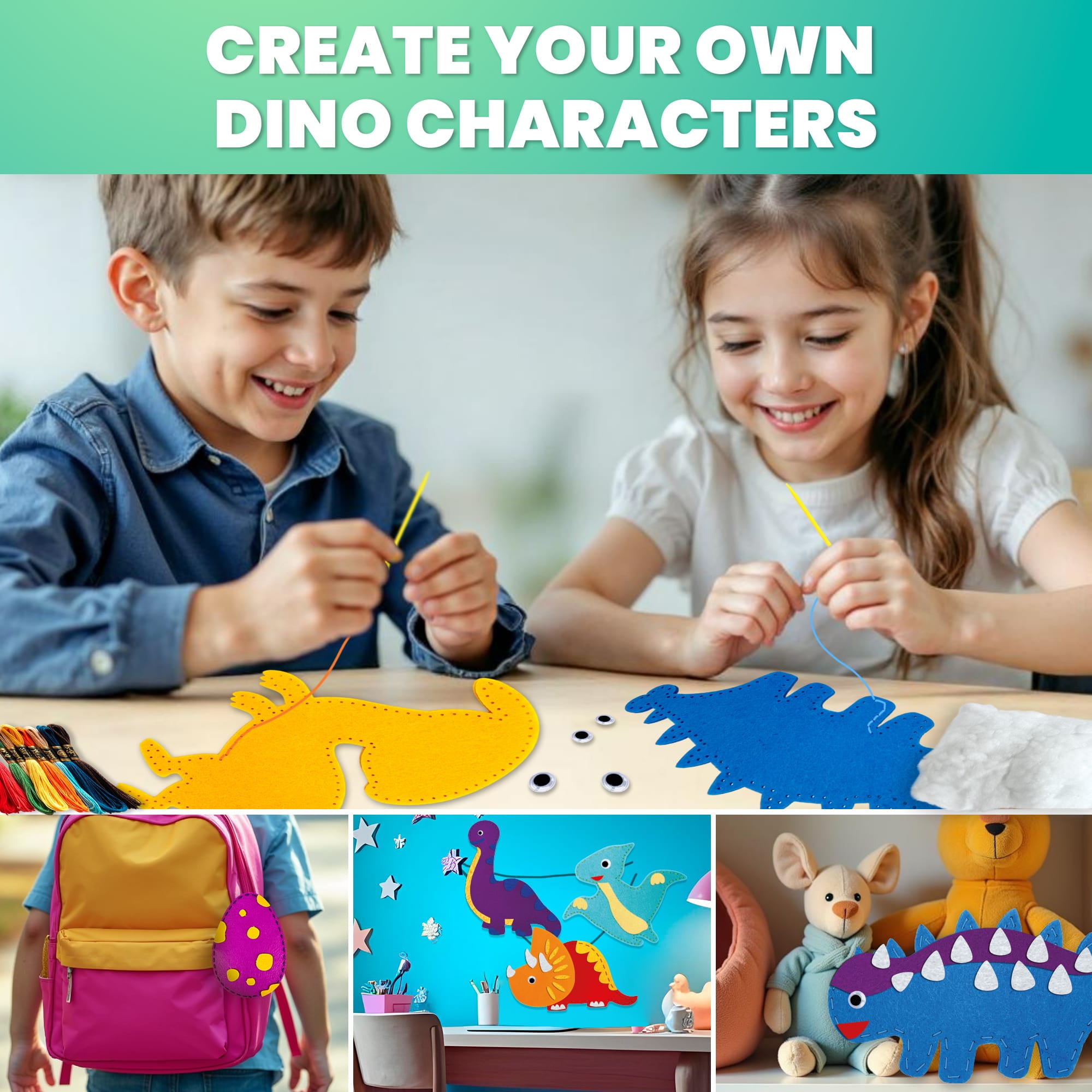 Quokka Kids Crafts Ages 7-9 - DIY Wild Dino Sewing Kit Basic - Arts Crafts for Kids Ages 7-9 Girls Boys
