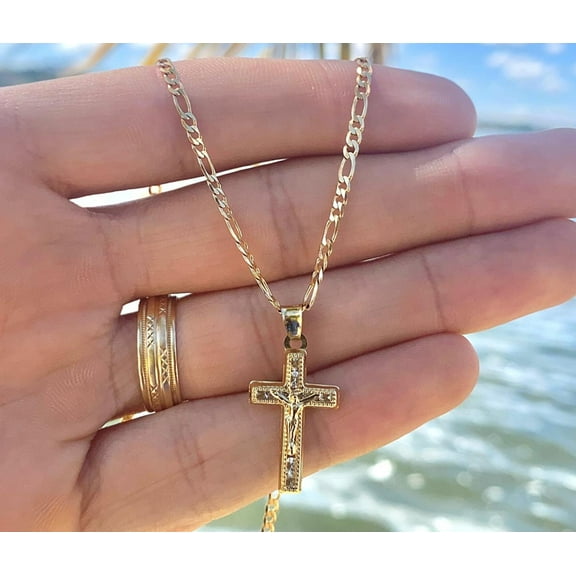 CZ Cross Charm Necklace Figaro Chain 14K Gold Filled Catholics Gifts Crucifix
