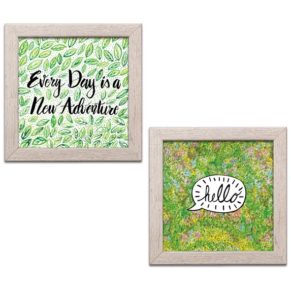 Gango Home Decor Modern Hello & New Adventure by Amy Frazer (Ready to Hang); Two 12x12in Distressed Framed Prints