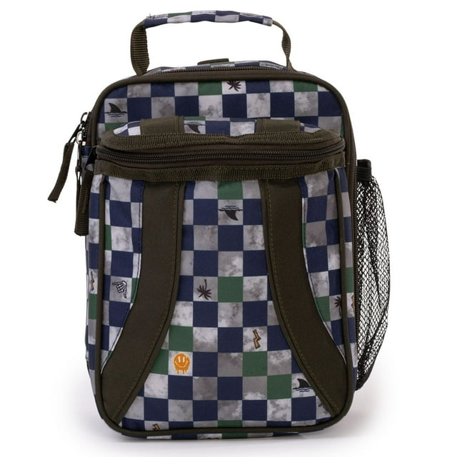 Insulated kids lunch bag in blue, green, and gray checkered pattern with small icons; includes front zippered pocket, side mesh holder for bottle or snacks, and padded handle on top.