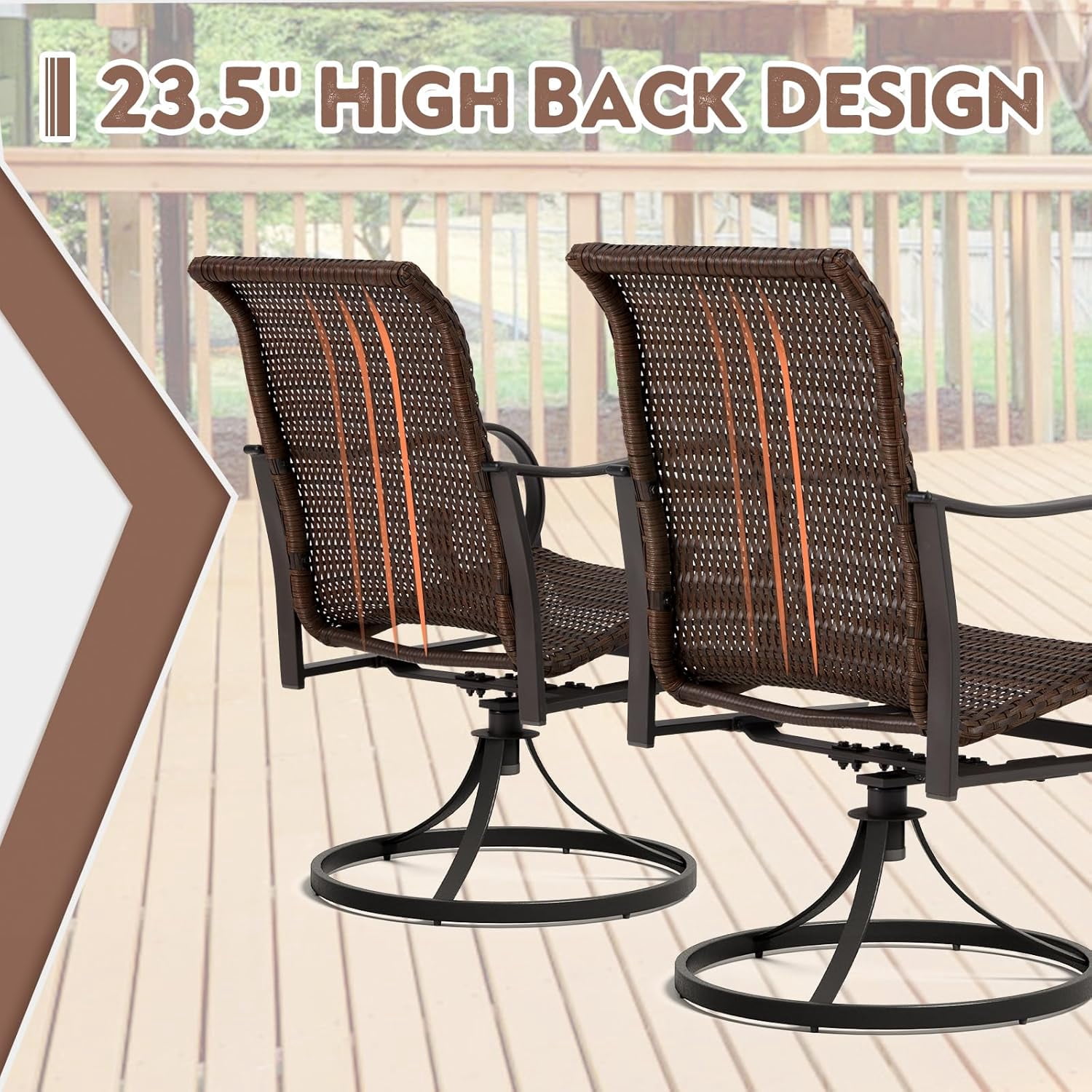 MELLCOM Patio Wicker Swivel Chair Set of 2, Heavy Duty Outdoor Dining Chairs with 23.5'' High Back, Extra-Large Water-Fall Seat, Rattan Porch Chair Gentle Rocker for Outside
