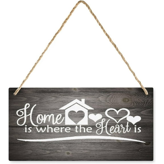 Hanging Wood Sign Home Decorative Home Is Where The Heart Is Front Motivational Quote Wood Wall Sign, Retro Farmhouse Home Decor Gift For Home Living Dining Bedroom Entryway Hallway 12X 6 Inch
