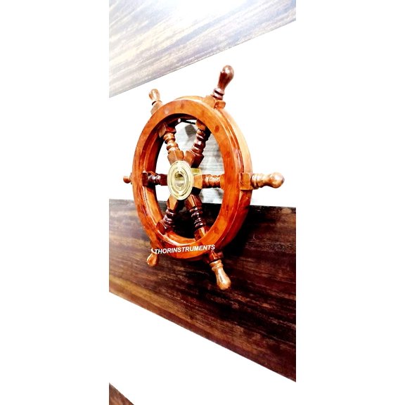 Vintage Brown Ship Wheel Wooden Pirate Boat Wheel Nautical 12" Diameter