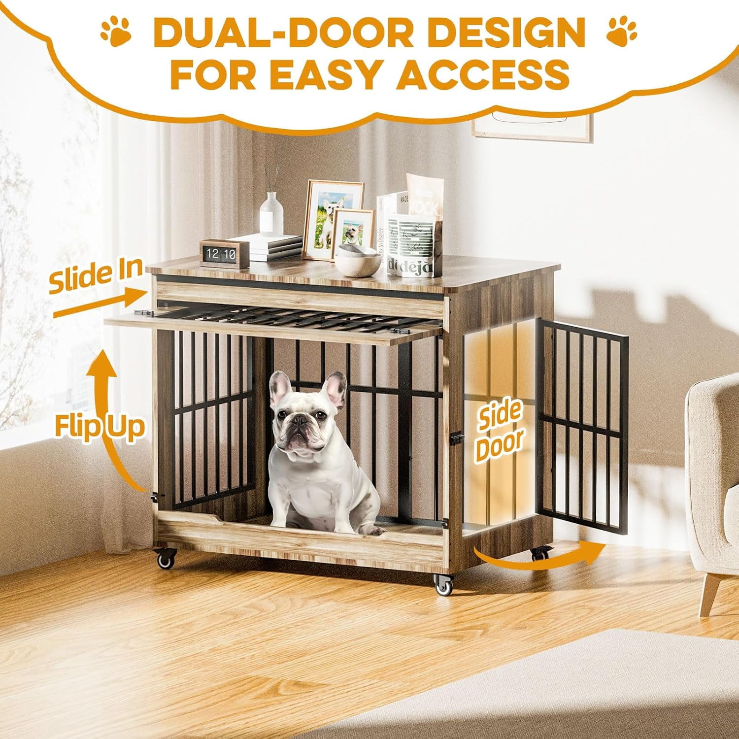 38" Wooden Dog Crate Furniture with Double Door, Lockable Wheels & Blackout Curtain – Decorative End Table Kennel for Large & Medium Breed Dogs, Greige