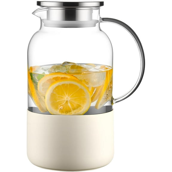 SUMMIT Water Pitcher with Silicone Base 61oz/ 1.8L, Hot& Cold Glass Pitcher with Lid and Handle, Glass Carafe with Lid for Coffee, Juice, Lemonade and Milk (White)