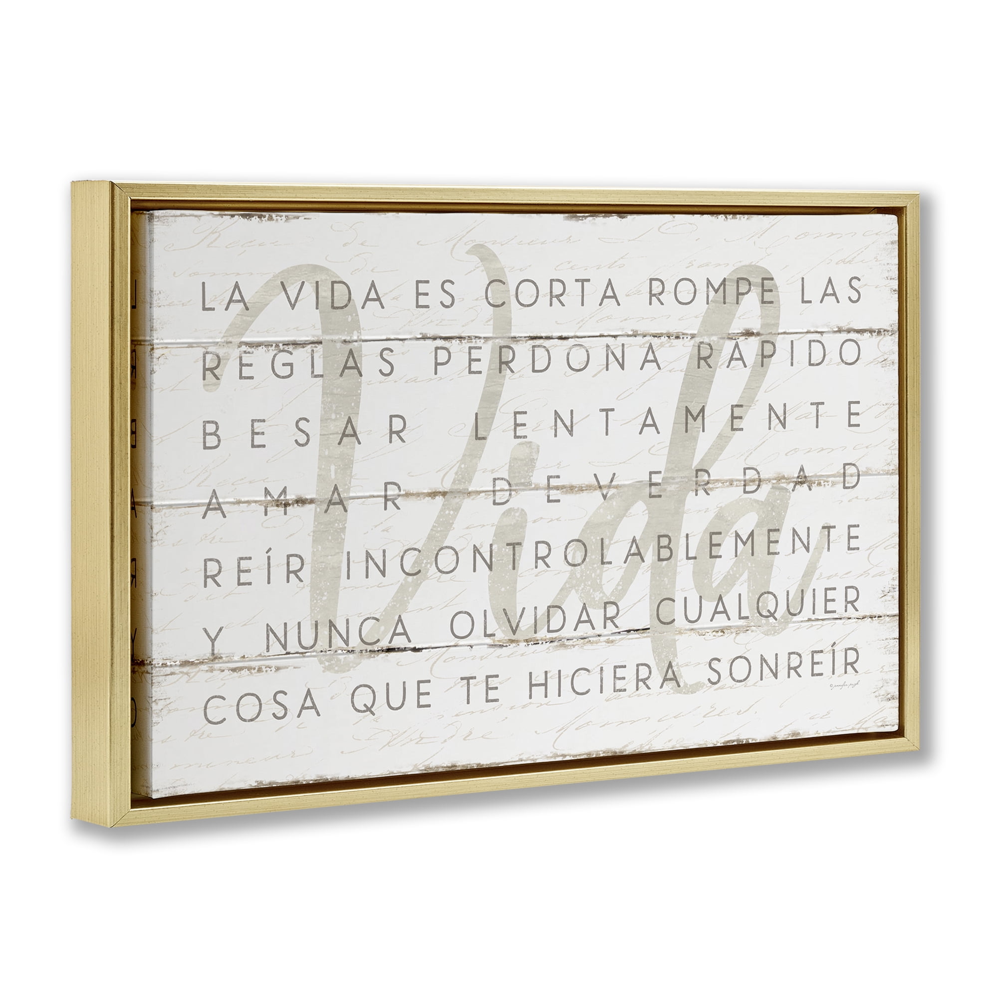 Stupell Industries La Vida es Corta Inspirational Quotes & Sayings Painting Gold Floater Framed Art Print Wall Art, 31 x 21