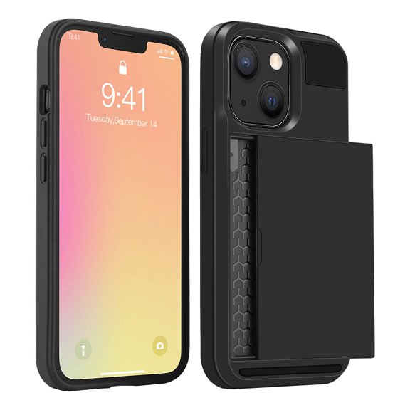 SOATUTO For New iPhone 13 Mini 5.4 inch Case TPU   PC Mixed Double Case Silicone Protective Credit Card Holder Slot Wallet Phone Case Suitable for Apple iPhone 13 Mini 5.4 inch 2021 - Black