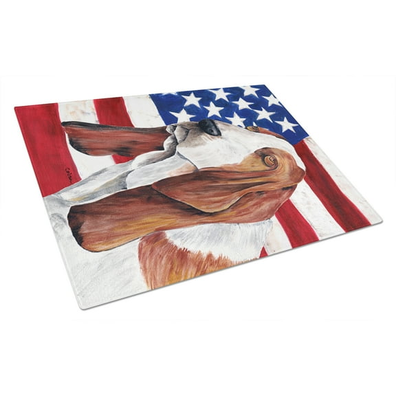 Caroline's Treasures Flag with Basset Hound Glass Cutting Board Large