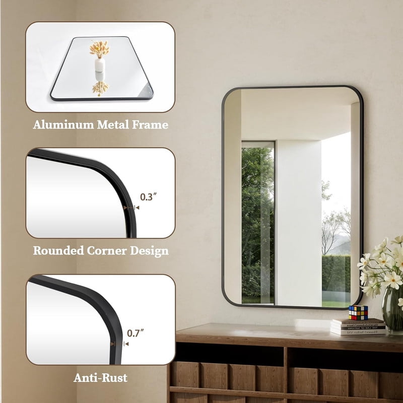 Clarvion 26"x38" Rounded Edge Rectangle Bathroom Mirror Wall Mounted Vanity Mirror,Black