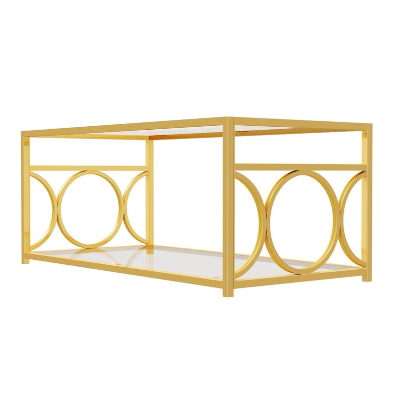 Glass Top Coffee End Table with Gold Metal Frame, Rectangular 2-Tier Storage Center Cocktail Table with Open Storage Shelf
