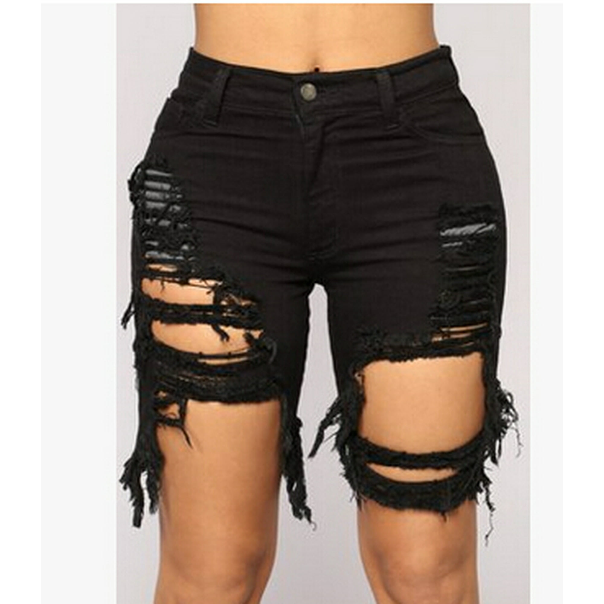 Mialoley Women Slim Jeans Shorts High Waist Ripped Hole Washed Distressed Shorts Black