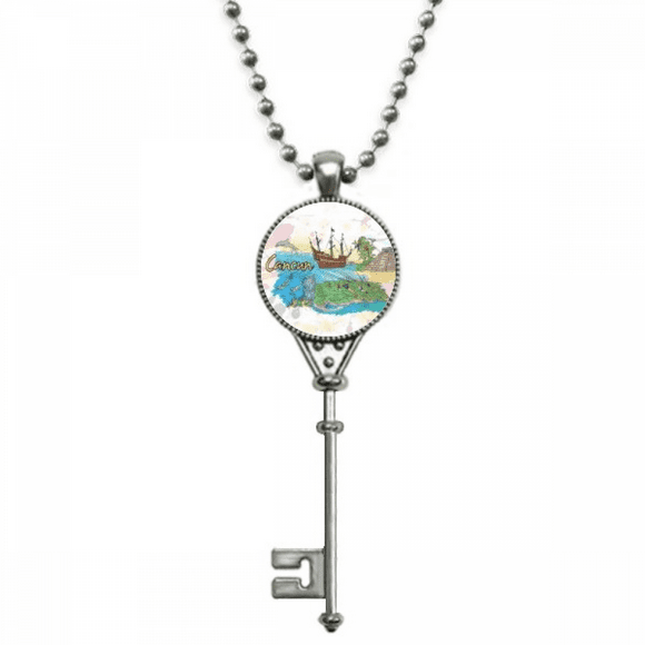 Cancun Mexico Island Mayan Temple Pendant Vintage Necklace Silver Key Jewelry