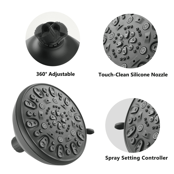 4 Inch Shower Head, 6‑Setting, Angle Adjustable & Clog‑Proof, Matte Black High Pressure