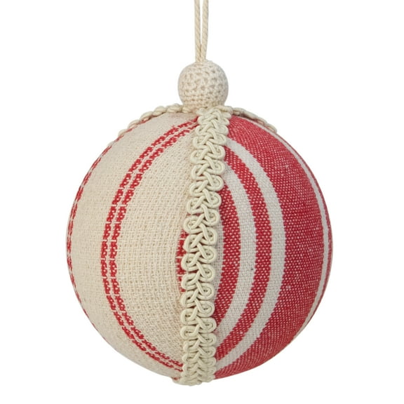 Northlight 4.75" White and Red Striped Ball Christmas Ornament with Rope Accent