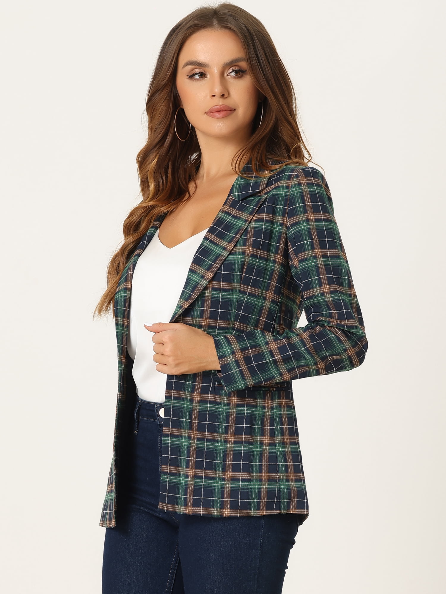 DARING DIVA Women's Boyfriend Notched Lapel One Button Blazer Suit Plaid Blazer Jacket XS Green Blue