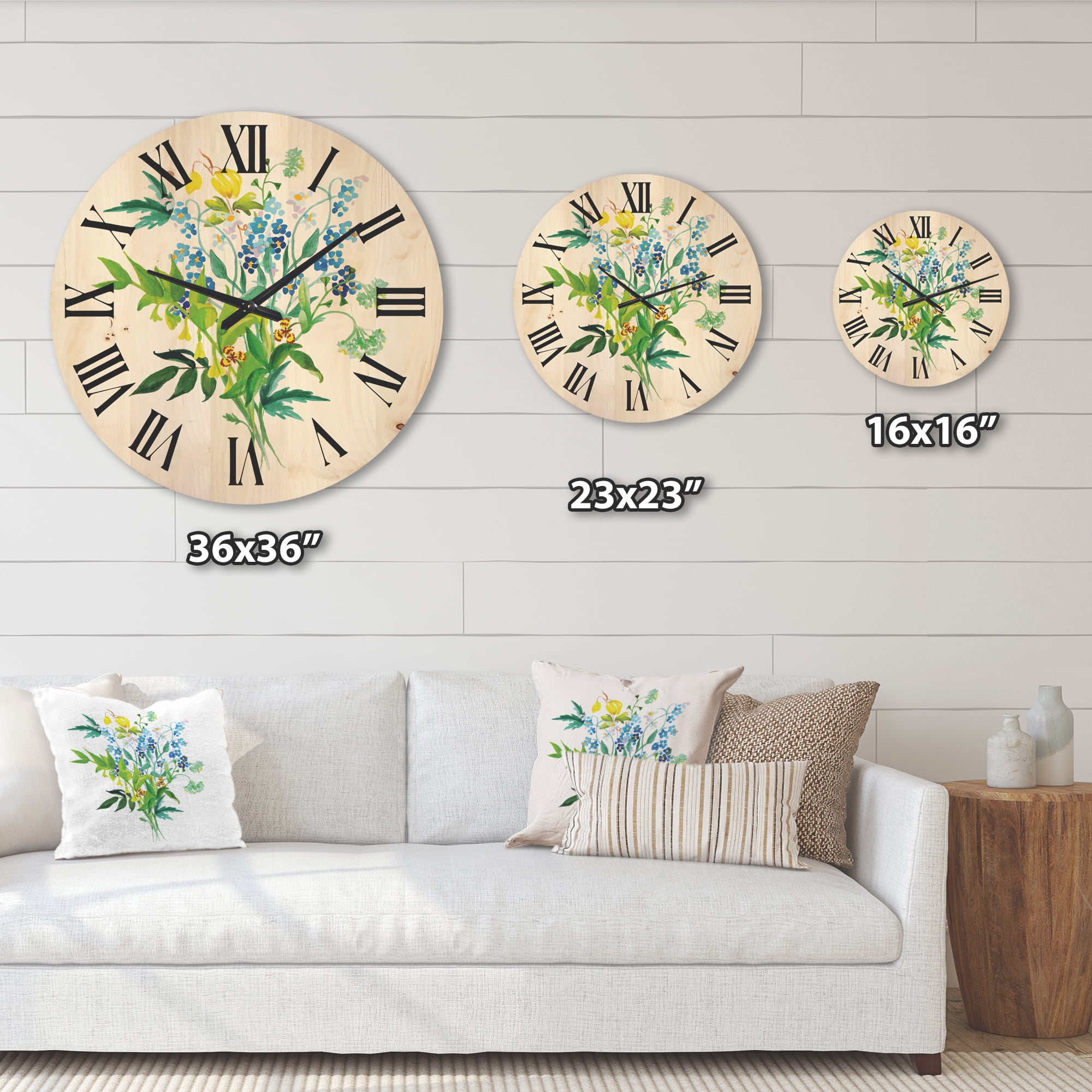 Designart 'Meadow Flowers Garland On White' Farmhouse Wood Wall Clock
