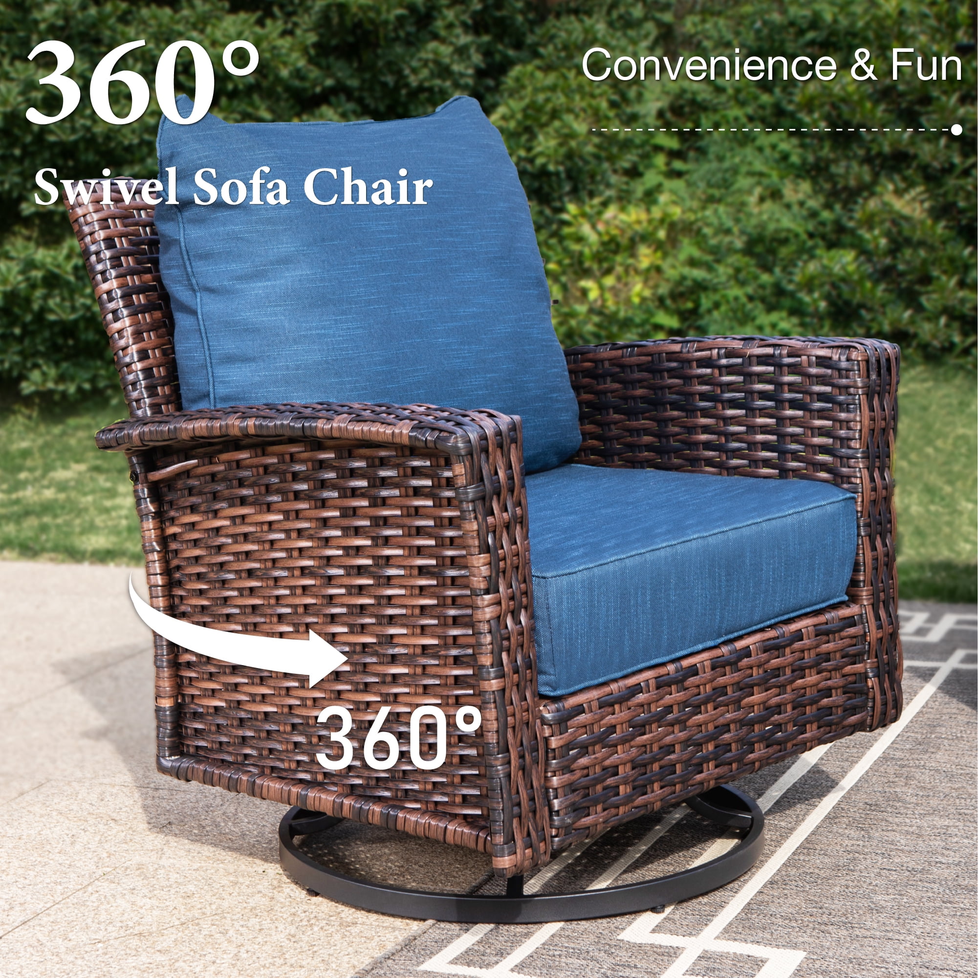 SUMMIT LIVING 7-Seat Wicker Patio Furniture Set with 2 Swivel Chairs & 3-Seat Sofa with 2 Ottoman, Outdoor Sectional Conversation Set for Garden, Blue