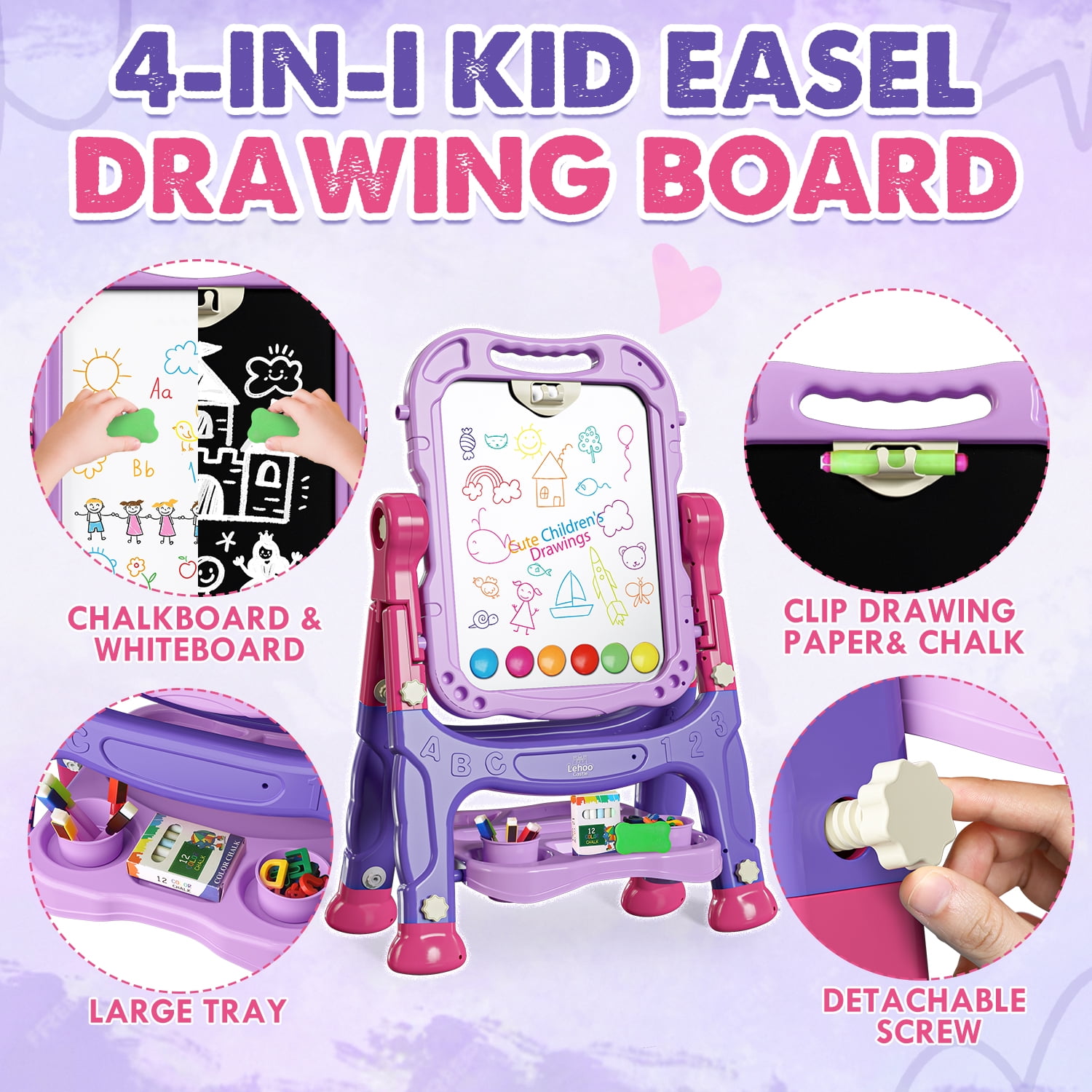 Easel for Kids, Kids Easel 4 in 1 Rotatable Double Sided Adjustable Standing Art Easel Drawing Board White Board Chalkboard for Toddlers Boys Girls with Painting Accessories - Purple