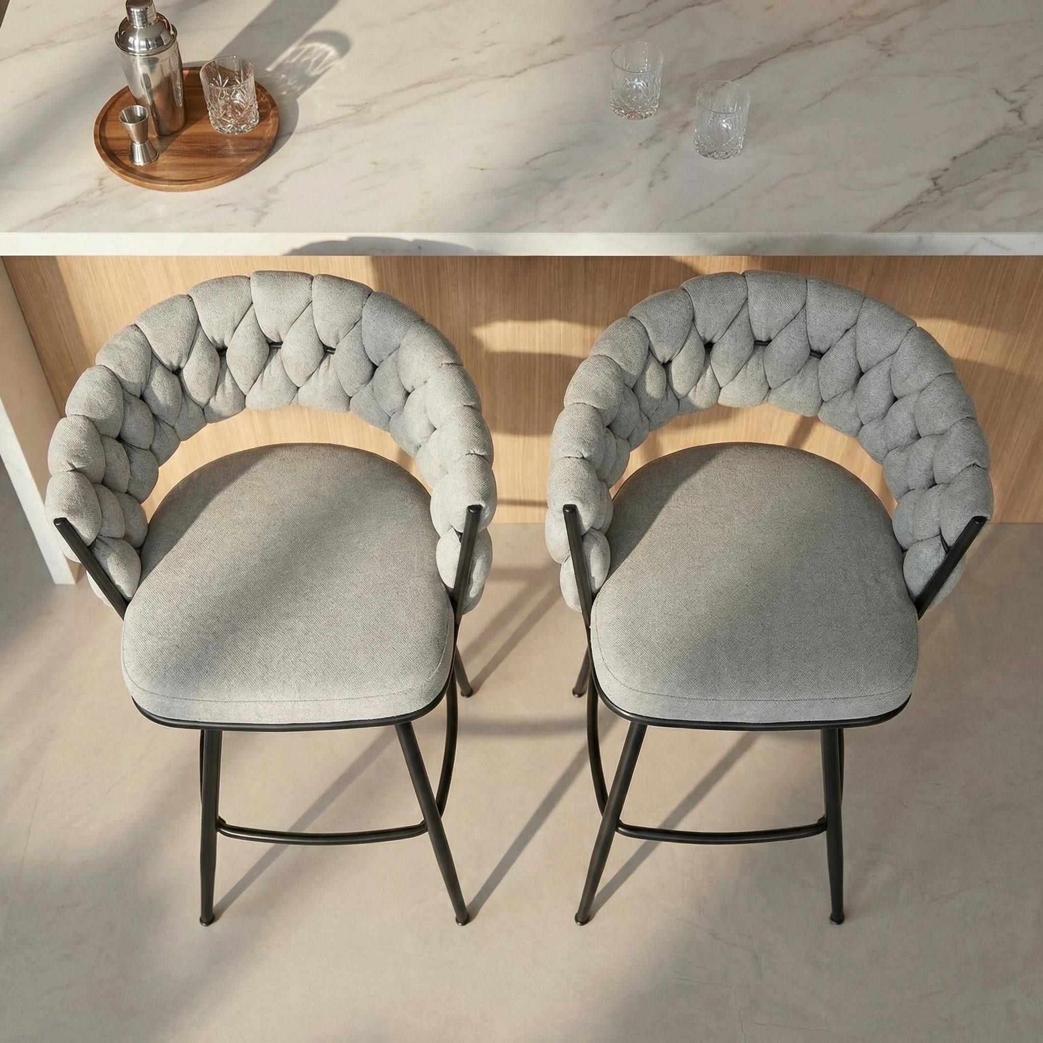 28" Counter Height Set of 2 Grey Linen Swivel Bar Stools with Woven Back and Footrest & Black Legs