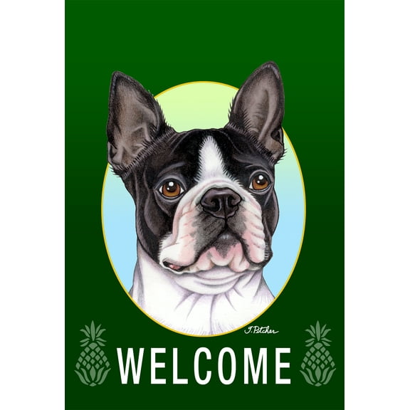 Boston Terrier - Best of Breed Welcome Pineapples Garden Flags. Flag is 12" x 17"