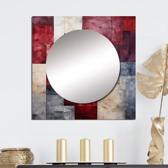 Designart "Abstract Shapes With Maroon Mosaics" Abstract Shapes Square Mirror For Wall Decor - Large Purple Square Printed Wall Mirror Art - Square Modern Mirror - Wall Mounted Square Mirror