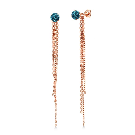 Gem Stone King 1.40 Ct Round 5mm London Blue Topaz 18K Rose Gold Plated Silver Stud Extra Long Statement Enhancer Earrings 3.5 inch