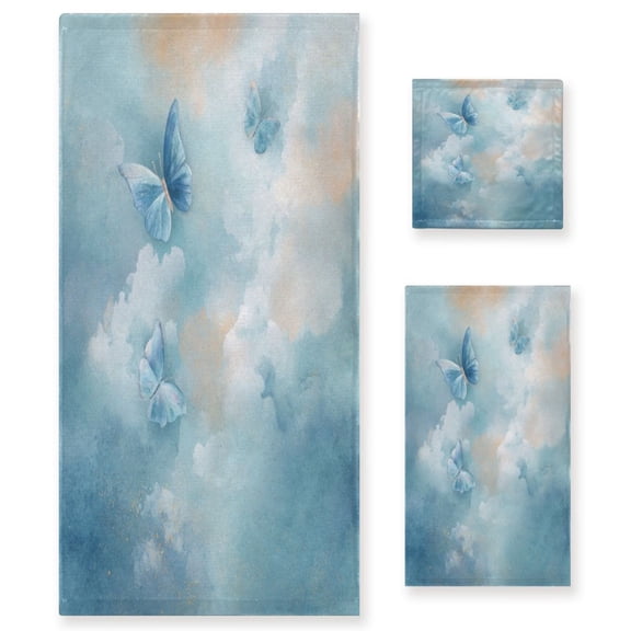 3 Piece Bath Towels Set Bath Towel, Hand Towel and Face Towel for Bathroom, Gym, Hotel Watercolor Blue Butterflies